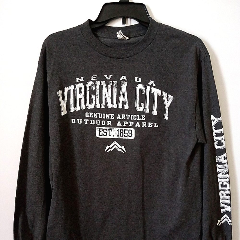 Mens-Nevada Virginia City Long Sleeve Shirt, Size-M, Dark Grey with White.